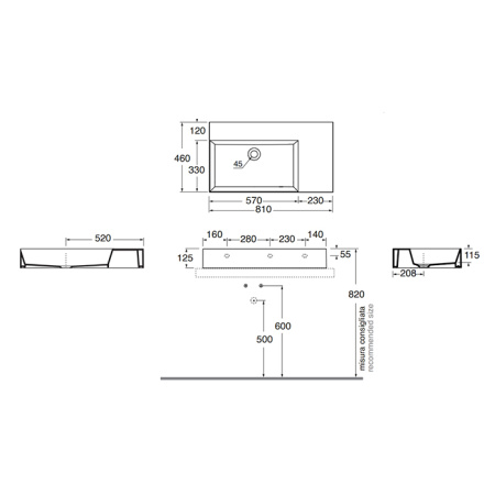 AZZURRA ELEGANCE Squared Раковина подвесная/накладная  81х46х12.5см без отв. под смеситель , цвет белый 