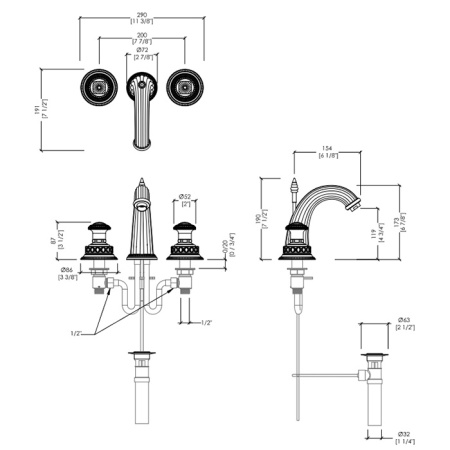 Devon Excelsior Swan Смеситель для раковины на 3 отверстия, донный клапан, цвет: античная латунь 