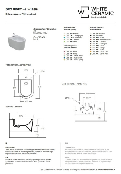 White Ceramic Geo, подвесное биде c крепежом, цвет белый глянцевый 