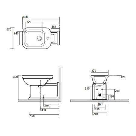 Kerasan Waldorf Биде напольное пристенное удлиненное "Prolongato" 65х37см с 1 отв. под смеситель, белое, цвет заглушки - ,бронза 