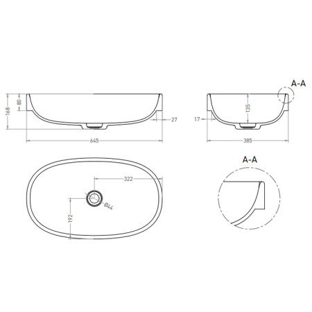 Salini GRECA Раковина на столешницу 645х385х168 мм, без донного клапана, мат-л: S-stone -матовый;, белый 