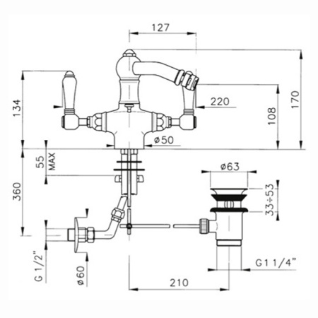 Nicolazzi P.M.Blanc Смеситель для биде с 2мя ручками, на 1 отв., с донным клапаном, излив 127мм, цвет: хром 
