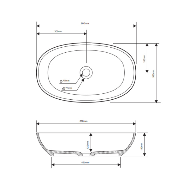 DEA DESIGN Раковина настольная 600х360хh140 мм, цвет grey 