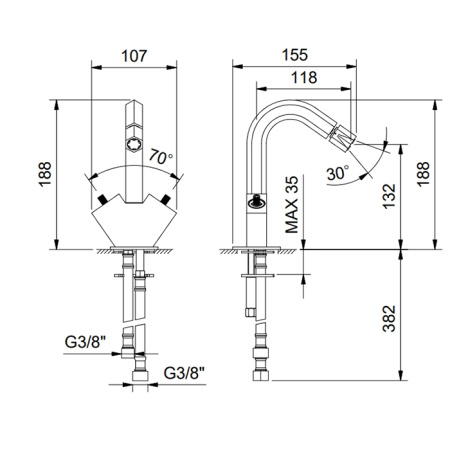 FANTINI VENEZIA Смеситель для биде на 1 отверстие, двухвентильный, без ручек, без донного клапана, цвет хром 