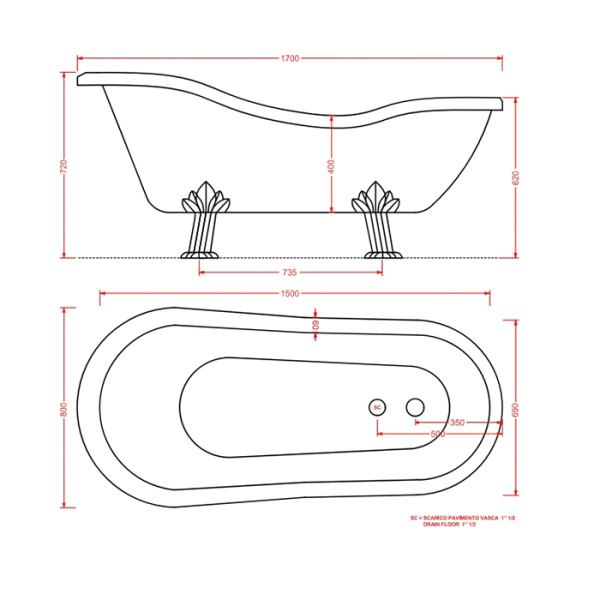 Artceram HERMITAGE Ванна акриловая на лапах,170х80 см ,со слив-переливом и сифоном в компл. цвет ванны белый, ножки хром 