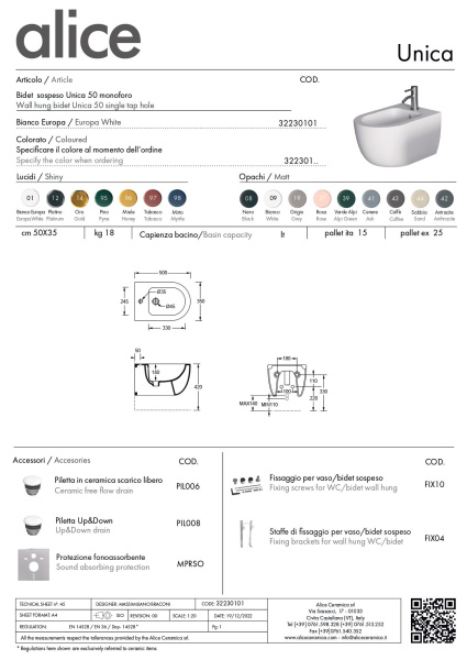 Alice Unica 50, подвесное биде c крепежом fix10, 50x35 см, цвет белый глянцевый 