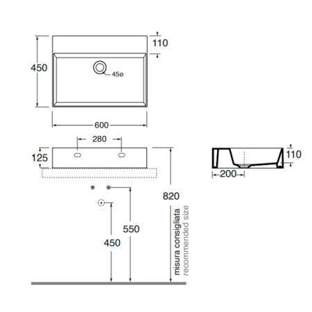 AZZURRA ELEGANCE Squared раковина подвесная/накладная 60х45см без отв. под смеситель , цвет Tortora 
