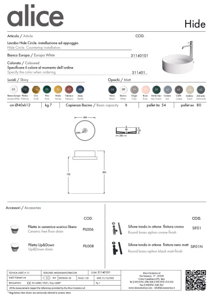 Alice Hide, накладная круглая раковина Ø40х12h см, цвет белый глянцевый 