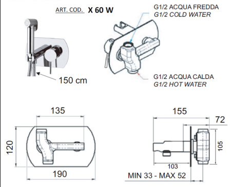 Гигиенический душ со смесителем Remer X Style X60W 