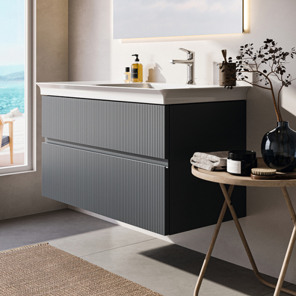 IS Finesse Тумба подвесная 100х50 см. R, 2 ящ. softclose, ручка-паз, без сифона EE23033967,для раковин E2647, E2704, E2679 Ribbed Matt ashblue Lacquer 