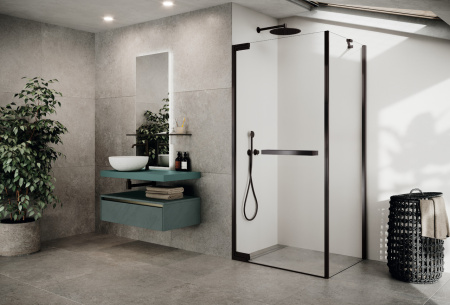 Душевое ограждение 100 см (98-99,5x200) Novellini N180 N180G100-1N+N180FG100-1N, профиль Brushed Black Chrome, стекло прозрачное CrystalClear 