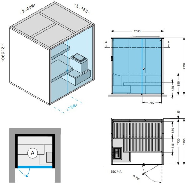 Effegibi BodyLove S Сауна 200x176xh220 см, размещение в нишу R.H., отделка канадский хемлок 