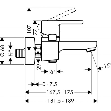 HG Metris S Смеситель для ванны, настенный, излив 175мм, переключатель вакумный, цвет: хром 