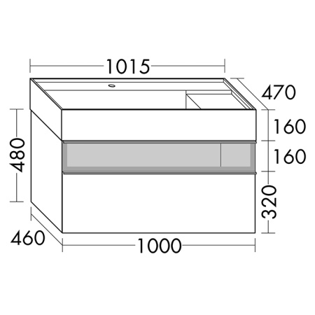 Burgbad Yumo База 1015х640х470 мм.с умыв из мин литья с 1 отв под смес,2 выдв ящика с ручкой  Мокка G0179.верхн ящик из дымч стекла, цвет белый глянц. 
