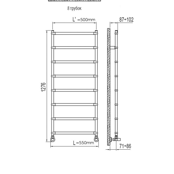 Irsap BELLA п/сушитель (8тр) водяной для систем ГВС, 550хh1200мм (межосевое 500мм), с вентилями и комплектом для монтажа KITCOPTUEC6450, цвет:хром/хро 