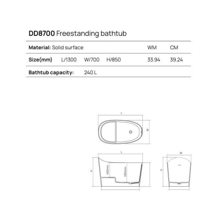DEA DESIGN Single Ванна отдельностоящая 130x70xh85 см, материал: Solid Surface искуственный камень, цвет: White №18 