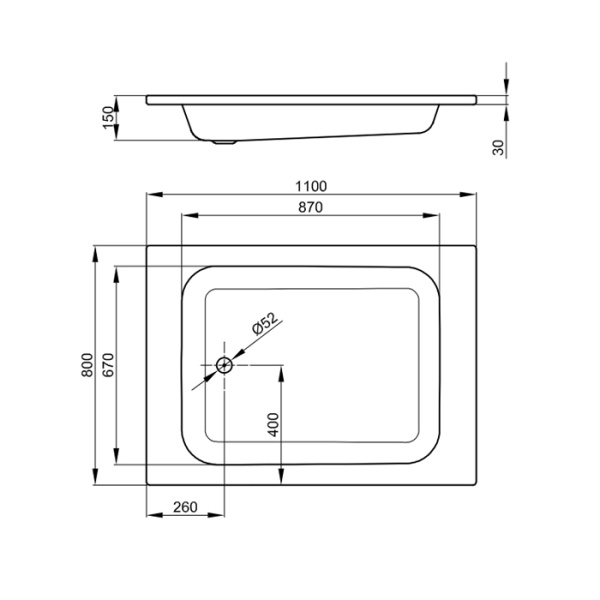 BETTE Душевой поддон BASIC, без шумоизоляции, прямоугольный  110х80х15см, D=52 мм,  с самоочищающимся  покрытием, цвет: белый 