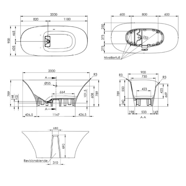 BURGBAD Badu Ванна из минер.литья отдельностоящая овальная 200х90х79 см,  со слив переливом  в отделке хром, цвет белый 