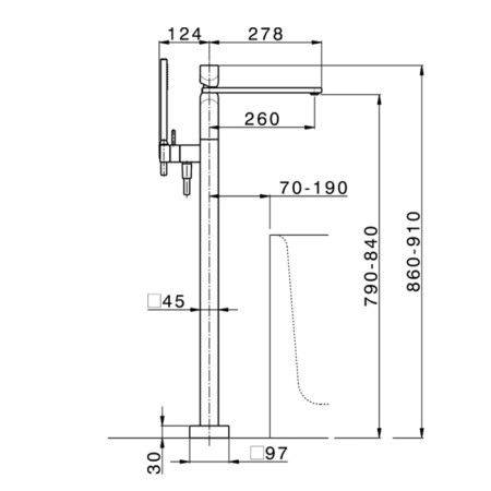 CISAL HI-RISE Смеситель для ванны напольный, однорычажный, с изливом и ручным душем, внешняя часть, цвет хром 