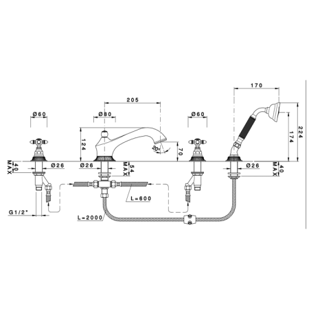 Nicolazzi Impero Смеситель на борт ванны, 4 отв., излив: 205 мм, с ручным душем, цвет: хром 