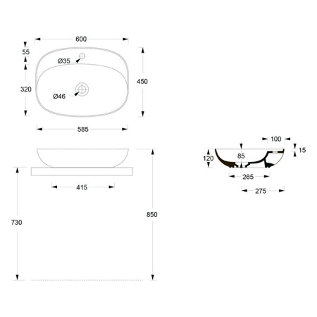 Alice Form Раковина Oval 60x45хВ12 Plan, накладная, с отверстием под смеситель, белый матовый 