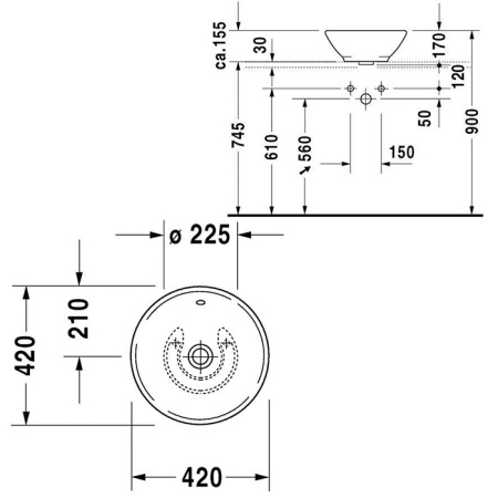 Duravit Bacino Раковина круглая 42 cm с переливом, без отв под смеситель, вкл. крепление, цвет белый  (Спец.цена из наличия) 