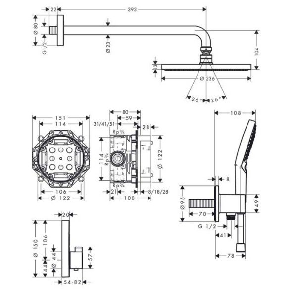 HG Raindance S Душевая система скрытого монтажа 240 1 jet PowderRain с ShowerSelect S, хром 