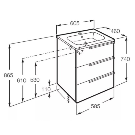 Roca VICTORIA NORD ICE EDITION Тумба подвесная 586x450x735 мм. для раковины 600 мм, c 3 ящиками, белый глянец (ZRU9302834) 