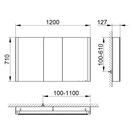 Keuco SOMARIS Зеркальный шкаф 1200x710x128мм 3-дверный двустор. зеркало, P 44 c плавным закр., корпус: алюминий серебристый цвет: 