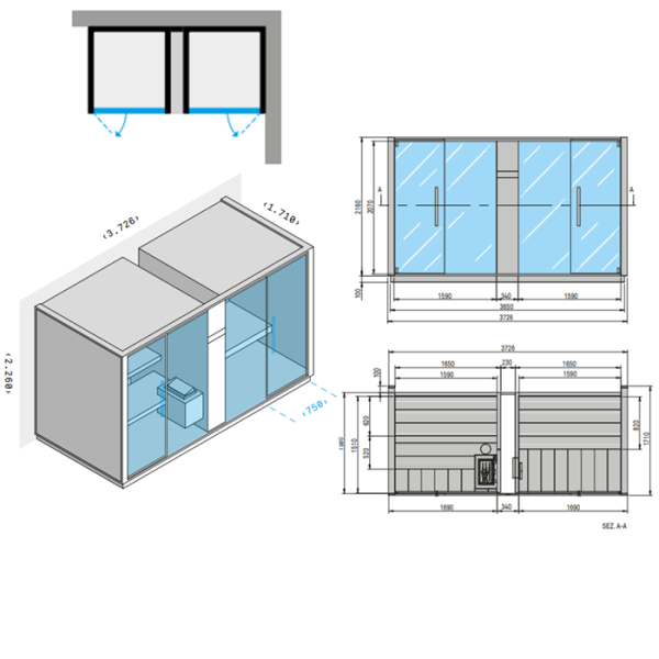Effegibi Logica SH Сауна & Хаммам система, угловая DX, 373x171xh226см, отделка: Soft Sand 