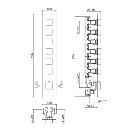 Carimali ILQUADRO  Внешняя часть вертикальная для термостатического смесителя с 6-ю независимыми выходами, цвет хром 
