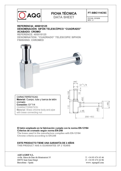 AQG, квадратный сифон СUADRADO  1”1/4 из латуни, цвет хром 