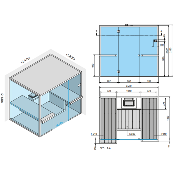Effegibi Air 105 Corner Сауна 247x182xh213см, DX, отделка: осина термообработанная 