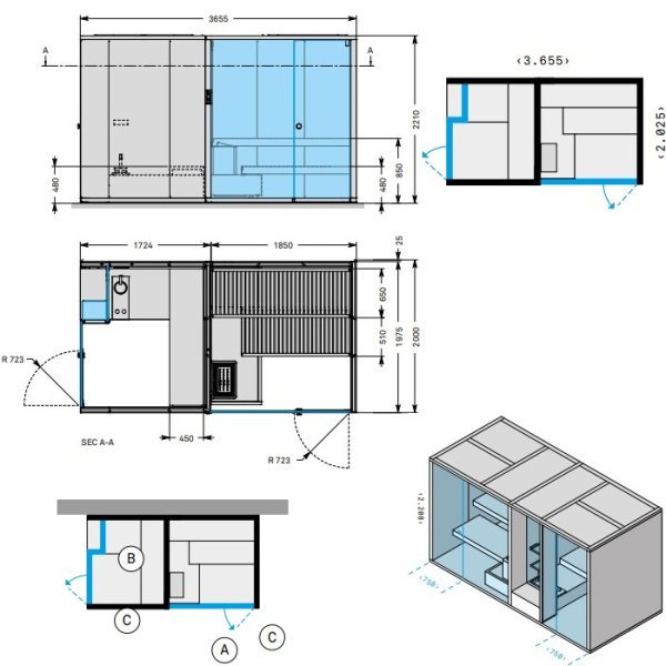 Effegibi BodyLove SH  365x202xh220 см, размещение пристенное, отделка сауны термообр. древесина, хаммам и наруж. стены без отделки 