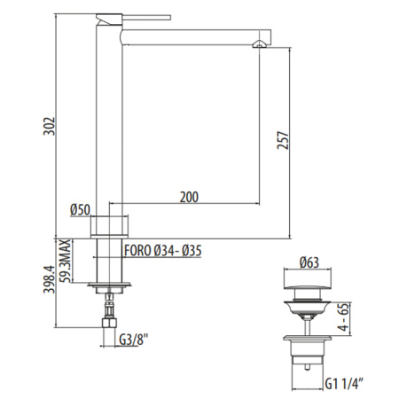 GATTONI CIRCLE ONE Смеситель для раковины высокий 302 мм,  на 1 отверстие, излив 200 мм, с донным клапаном, цвет хром 