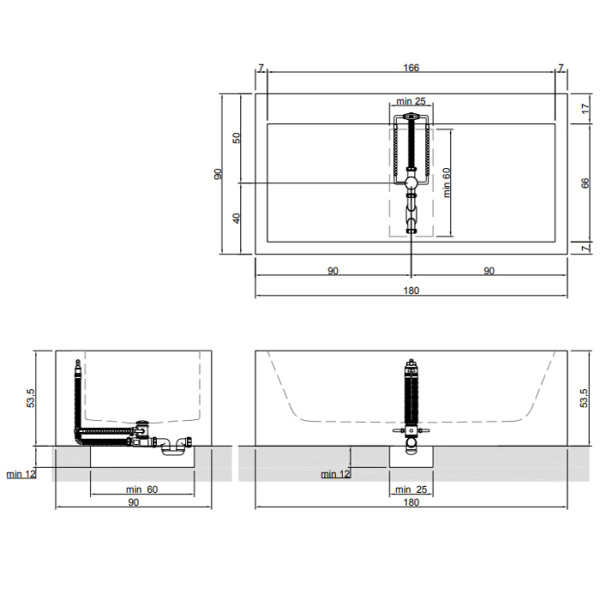Antonio Lupi Biblio Ванна отдельностоящая (4 стороны) 180х90х53.5 см, с донным клапаном (хром), сифоном и гибким шлангом, мат-л: Corian, цвет: белый 