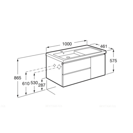 Roca DOMI Тумба подвесная 985x453x515 мм. для раковины 1000 мм, с 2 ящ. и 1 дверкой, правый, белый глянец (только для 7.3270.M.E00.4 - импорт) 