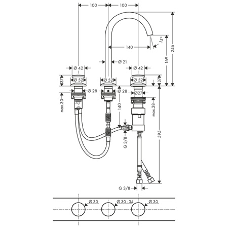 AX One Смеситель для раковины Sel 170, 3 отв., цвет шлифованный черный хром 