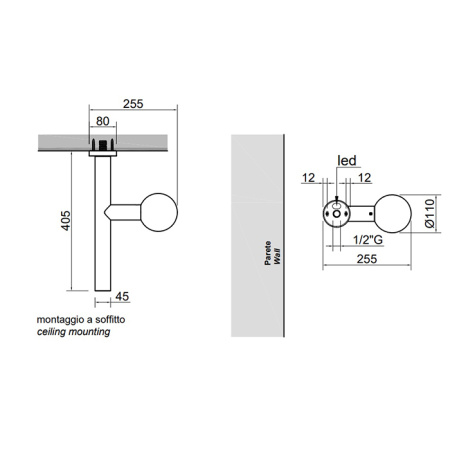 ANTONIO LUPI APOLLO Верхний душ Ø45 мм., с LED подсветкой, потолочный монтаж, цвет черный матовый 