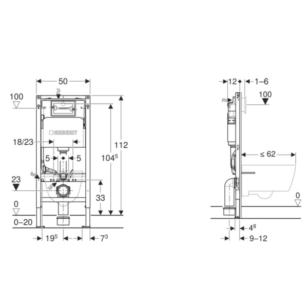 Geberit Duofix Инсталляция для подв. унитаза, 112 см, со смыв. бачком Delta 12 см, с креп., клав. Delta50, квадр.: Черный глянц. (замена 458.128.DW.1) 
