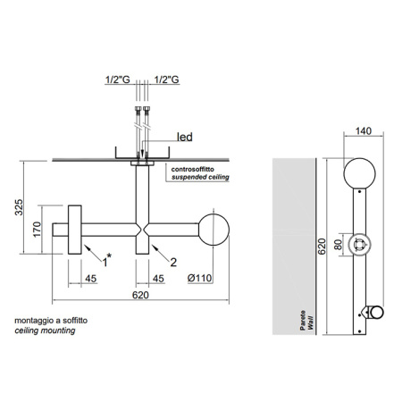 ANTONIO LUPI APOLLO Верхний душ Ø45 мм., с LED подсветкой, потолочный монтаж, с 2 изливами, цвет черный матовый 