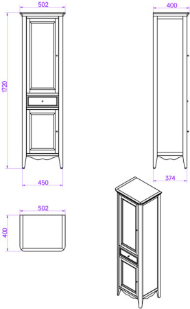 TW Veronica, Колонна 50.2/45*40/37.4*h172см, 1выдв.ящик, 2 распашные дверки, доводчики Blum (петли справа-DX), цвет: bianco, ручки: Riflesso бронза 