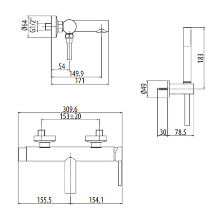 GATTONI CIRCLE ONE Смеситель настенный для ванны,с ручной лейкой на держателе. цвет хром 