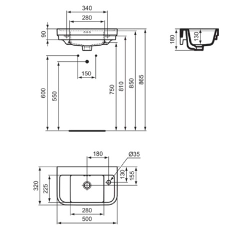 Ideal Standard Calla Раковина 500х320xh180 мм, подвесная, с отв. под смес. справа и переливом, с крепежом цвет: белый глянец 