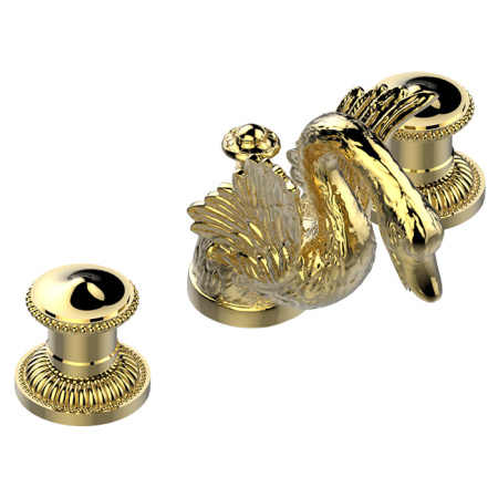 THG CYGNE Смеситель для раковины на 3 отверстия, низкий излив, с донным клапаном, цвет полированное золото 