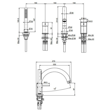 Fima Carlo Frattini Spillo Up Смеситель на борт ванны, на 4 отв., с ручным душем, цвет: золото 