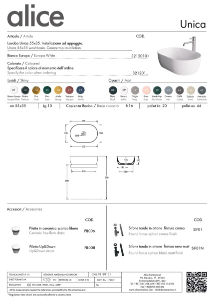Alice Unica, накладная овальная раковина 55x36x17h см, цвет серый матовый 