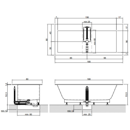 Antonio Lupi Biblio Ванна встраиваемая 180х80х53.5 см, с сифоном и ,ножками и донным клапаном (хром), мат-л: Corian, цвет: белый 