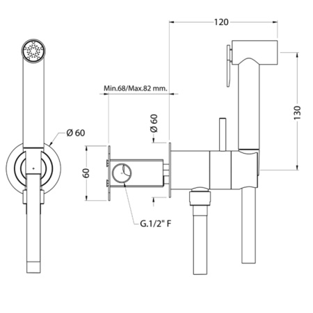 Huber Shower Гигиенический душ со шлангом 120 см,вывод с держателем и встроенный прогрессивный картридж, цвет черный матовый (НЕ произв с 20/10/2021) 