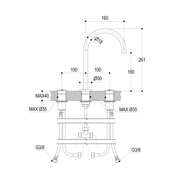 Ritmonio Diametro35 Impronte ВСмеситель для раковины на 3 отв, излив 160мм, цвет Brushed Gold (без ручек) 